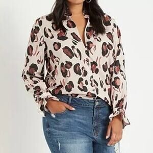 ELOQUII Animal Print Button Down Shirt With Ruffle Neck Women's Plus Size 16